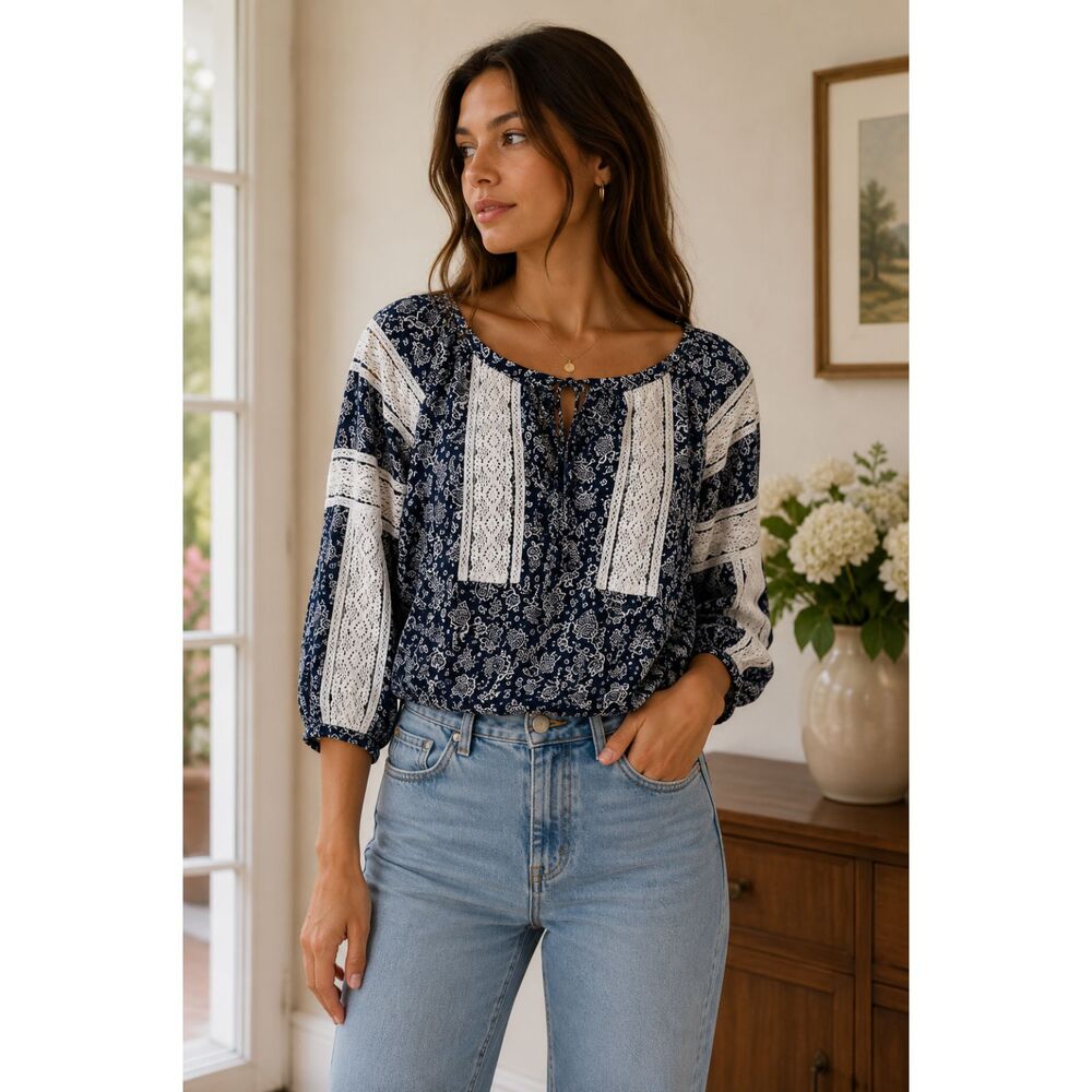 MINKPINK Paisley Boho Crop Top Navy‎ Blue Small